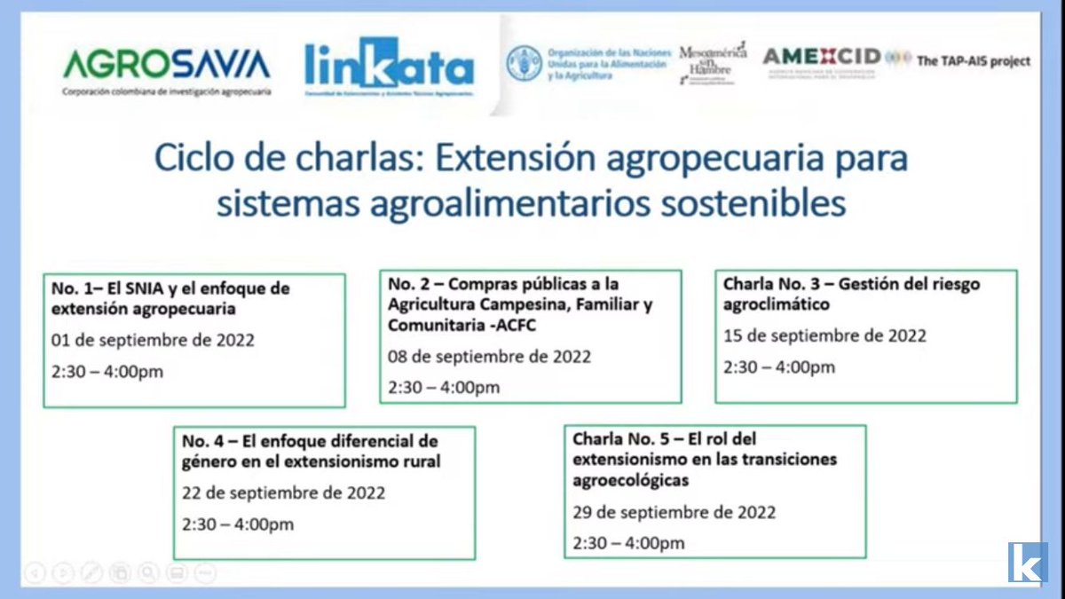 📌Ponte al día con las charlas: #ExtensiónAgropecuaria para #SistemasAgroalimentarios Sostenibles y agéndate para participar en:

🗓️Sep 22: El enfoque diferencial de género en el extensionismo rural
🗓️Sep 29: El rol del extensionismo en las transiciones agroecológicas

Sigue🧵👇