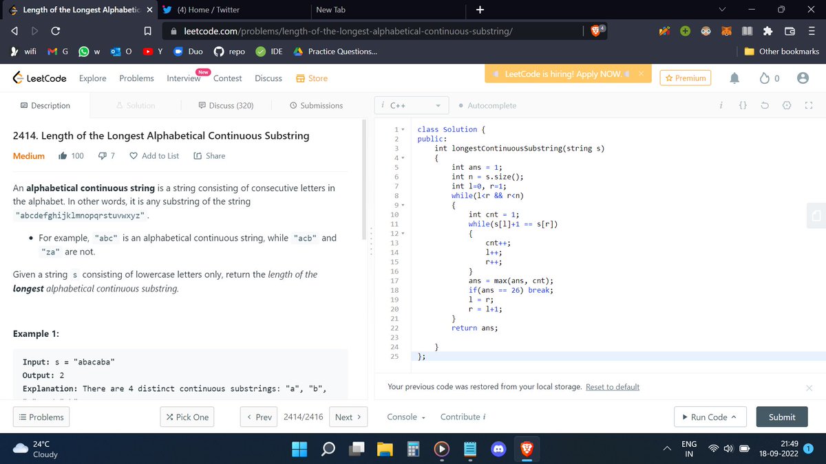SumrenderS's tweet photo. Day 80 of the 100 Days of Code
@CodeinCommunity @MinutesCoding
Q - Length of longest cont. substring
Code:https://t.co/Smjx0B2Ji1
Discord community: https://t.co/MMcOpdDSba
#100daysofcodechallenge #codeincommunity #codein100daysofcode #s100daysofcode #coding https://t.co/3sfofg2Ke0