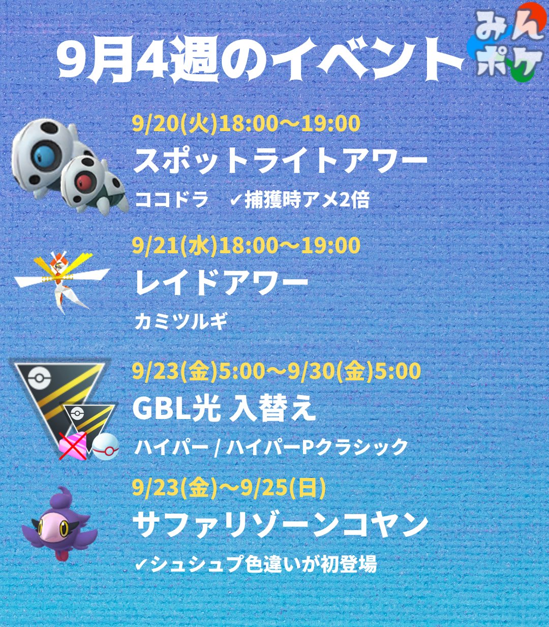 ポケモンgo攻略 みんポケ 今週のイベント サファリゾーン コヤン 韓国 で シュシュプの色違いが初登場します 火 スポライ ココドラ 水 レイドアワー カミツルギ 金 Gbl ハイパー ハイプレクラシック 金 日 サファリゾーン