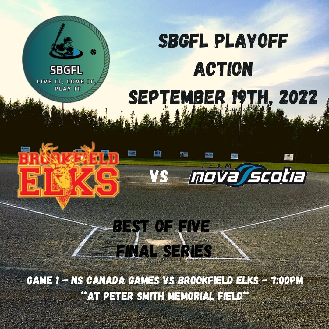 Game 1 of the SBGFL Finals kicks off tomorrow night in Lantz as <a href="/ElksFastpitch/">Brookfield Elks</a> take on the Nova Scotia Canada Games Team. 
Game time is set for 7:00pm. 
Come on out and check out two fantastic teams battle it out for the League Championship.