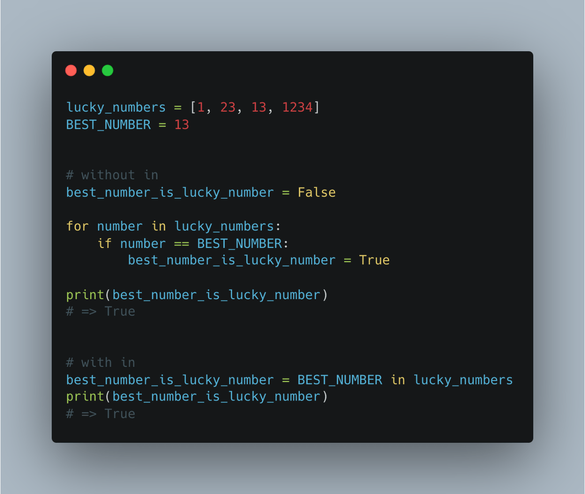 testdrivenio's tweet photo. Python Clean Code Tip:

Use *in* to check whether an iterable contains a specific element.

👇 https://t.co/8bSXrqsKO6