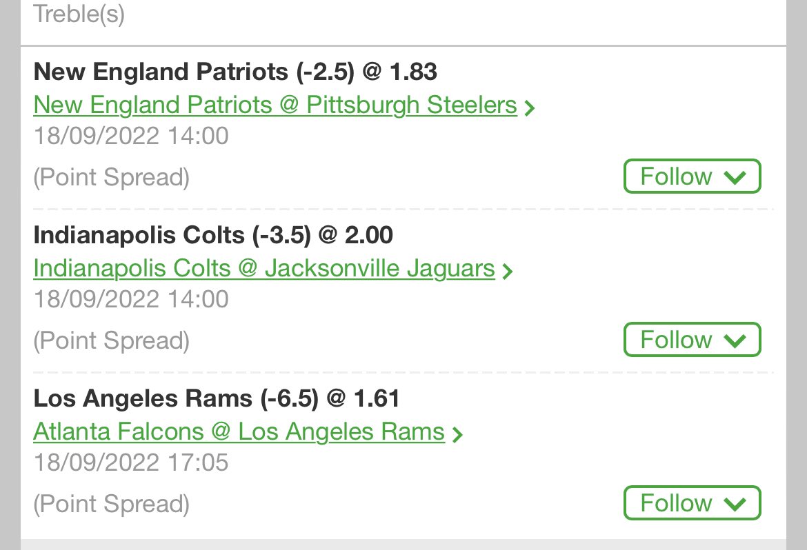 Peppisplays's tweet photo. I’m also on a one unit parlay before the second slate. 

#patriots -2.5
#colts -3.5
#rams -6.5

+600 https://t.co/fd1LRiy2h0