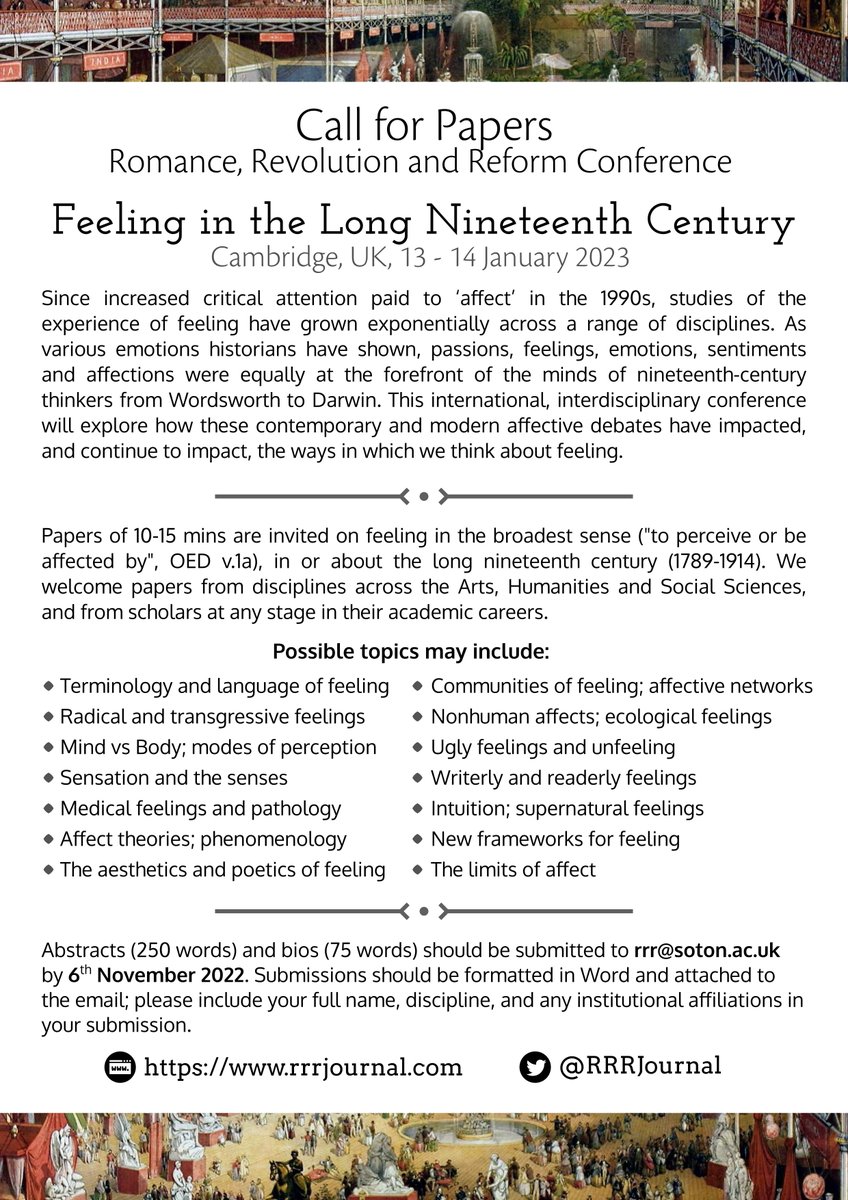 We are beyond excited to announce that the CFP for our first in-person conference since 2020 is now LIVE: 'Feeling in the Long Nineteenth Century', Cambridge, 13-14 January 2023. Deadline: 6 November. Further details below - please share widely! #RRR2023