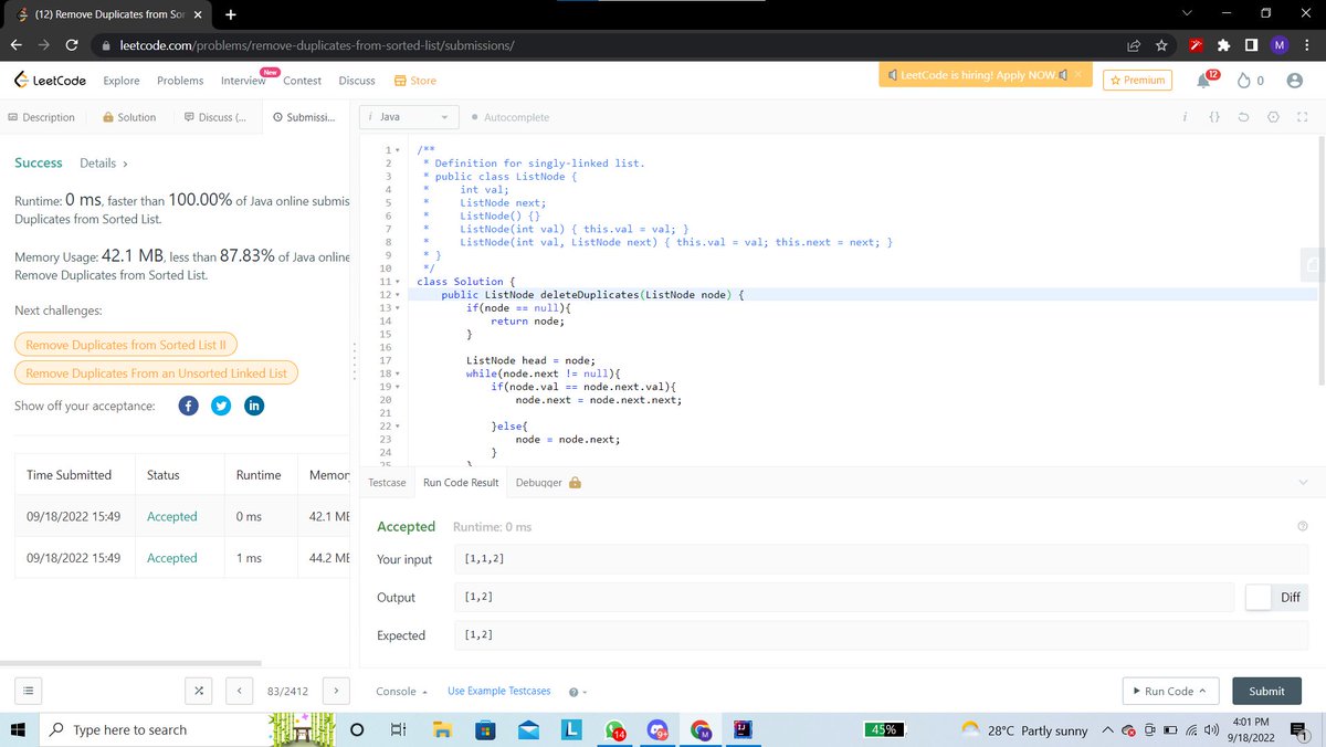 Amin_mohammed3's tweet photo. Day 55 of #100DaysOfCode, solved LinkedList problem on Leetcode and also learned some topics of circular LinkedList. https://t.co/bJHipeu4jx