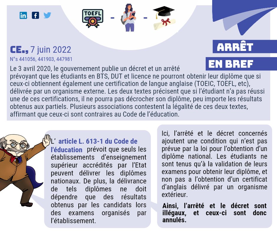 📍Arrêt en bref 📍

Aujourd'hui, la réponse du Conseil d'Etat sur la légalité d'un acte empêchant l'obtention du diplôme d'un étudiant sans certification de langue anglaise! 🔍

Tipeee ⬇️
bit.ly/tipeee-lesarrê…

Merci <a href="/Alemanoz_art/">Alemanoz 🌰✨ (en pause)</a> pour l'illustration! 👀

#legaldesign #droit