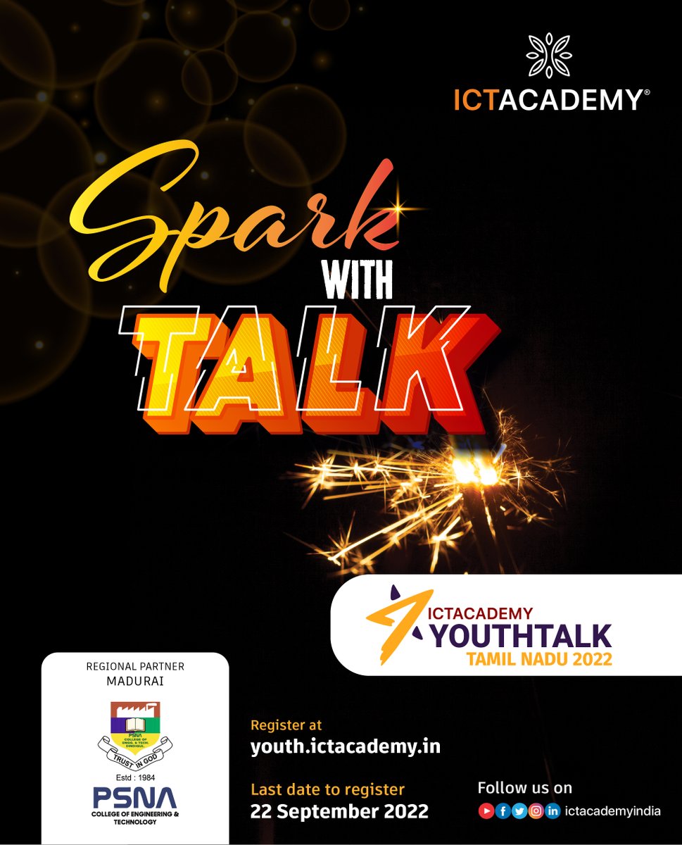 ictacademyindia's tweet photo. We thank PSNA College of Engineering & Technology for being the Regional Partner - #Madurai for ICT Academy Youthtalk 2022 – The Massive Talkathon of India!
Visit: https://t.co/7b1YHf8KJC
#ictacademyindia #YouthTalk2022 #Talkathon #speechcompetition #talkingcompetition #bhfyp https://t.co/Y4JGwKCXLC
