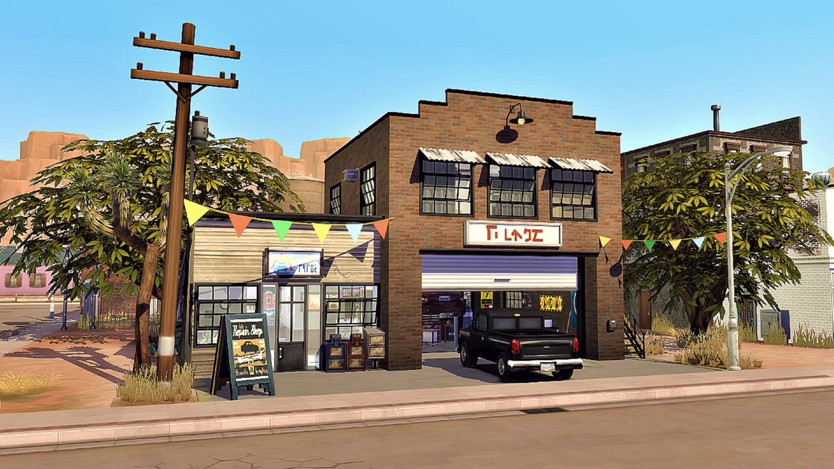 TheREALschnuck's tweet photo. Hello! I'm finishing up a base game + Desert Luxe build, but until then I have a desert not so luxe build.  This is a grungy  auto repair shop with an apartment above. See it all here: https://t.co/zWiTeFwitN @TheSims #ShowUsYourBuilds @SimsCreatorsCom #TheSims4 https://t.co/TE1jRmVEvq