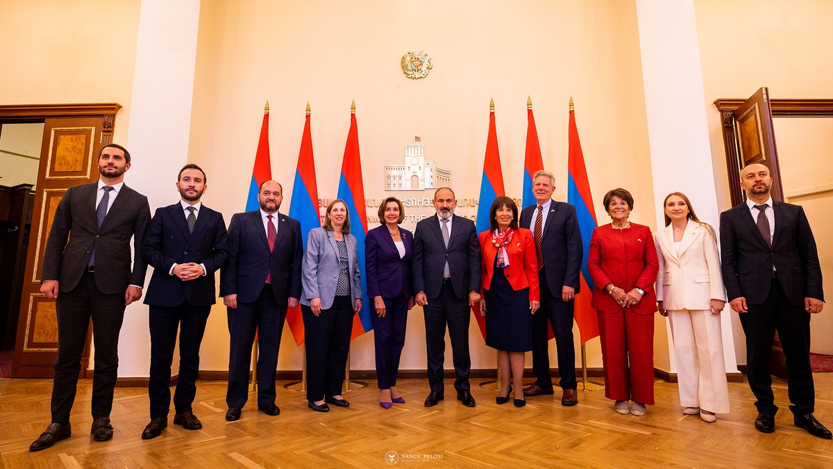 SpeakerPelosi's tweet photo. Today, our Congressional delegation had the high privilege of meeting with Prime Minister @NikolPashinyan of Armenia, a valued partner in advancing security, prosperity, and Democracy in the Caucasus region. https://t.co/tOgMTJMlzo