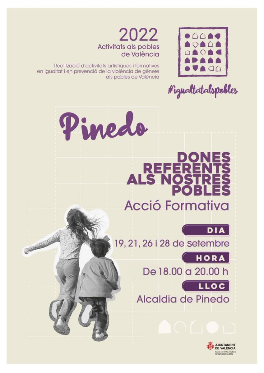 A partir de la pròxima setmana i en 4 sessions (19, 21, 26 i 28 de setembre), de 18:00 a 20:00 hores, tindran lloc a Les Casotes #Pinedo unes interessants xarles d'#igualtat, amb el fil argumental de "Dones referents als nostres pobles".
No deixeu passar l'oportunitat d'assistir