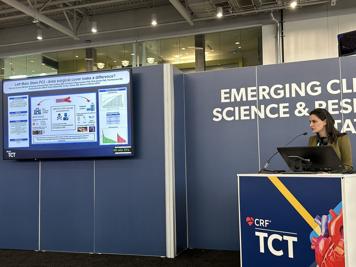 #TCT2022 @mahz21 presenting her work from @BCIS_uk registry around lms pci in surgical vs non surgical centres. Non surgical centres represent majority of lms pci, similar outcomes in both centres @cardioPCImom @WomenAs1 @alaide_chief @iamritu @DrCindyGrines @JSillerMatula