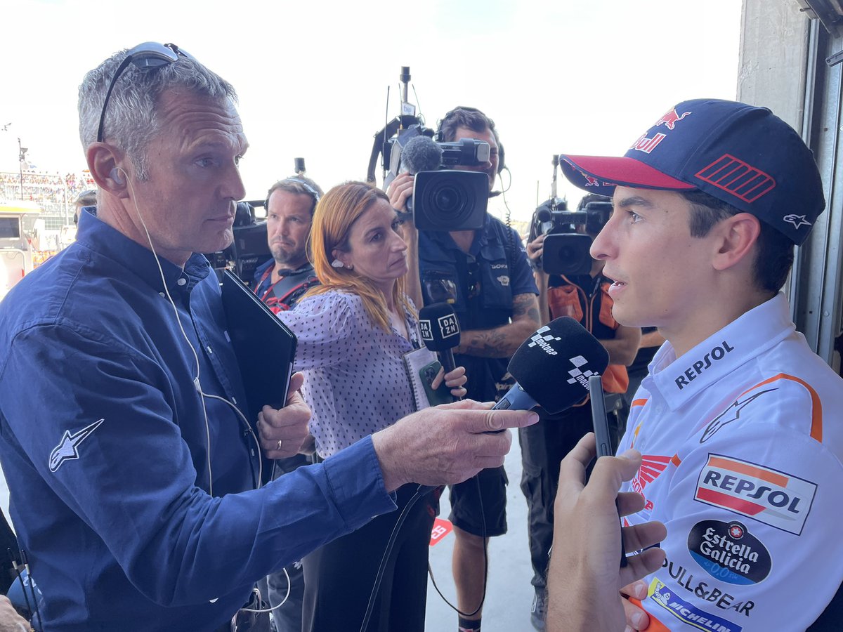 HRC_MotoGP's tweet photo. “I lost the rear in Turn 3 and Fabio made contact. When I engaged the holeshot device later in the lap, the bike locked and moved to the left because there was a piece of Fabio’s bike in the rear. It’s really unlucky and I want to apologize to both Taka and Fabio.” @marcmarquez93 https://t.co/vRaWRjMHaI