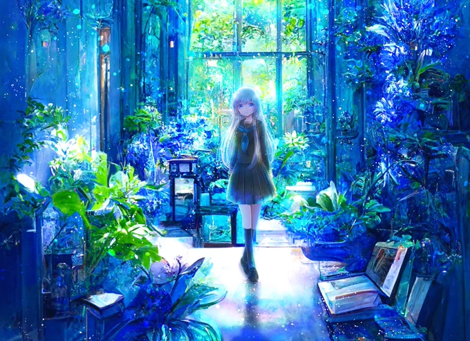 青い植物園に迷い込んだ女の子#絵描きさんと繋がりたい #イラスト好きと繋がりたい 