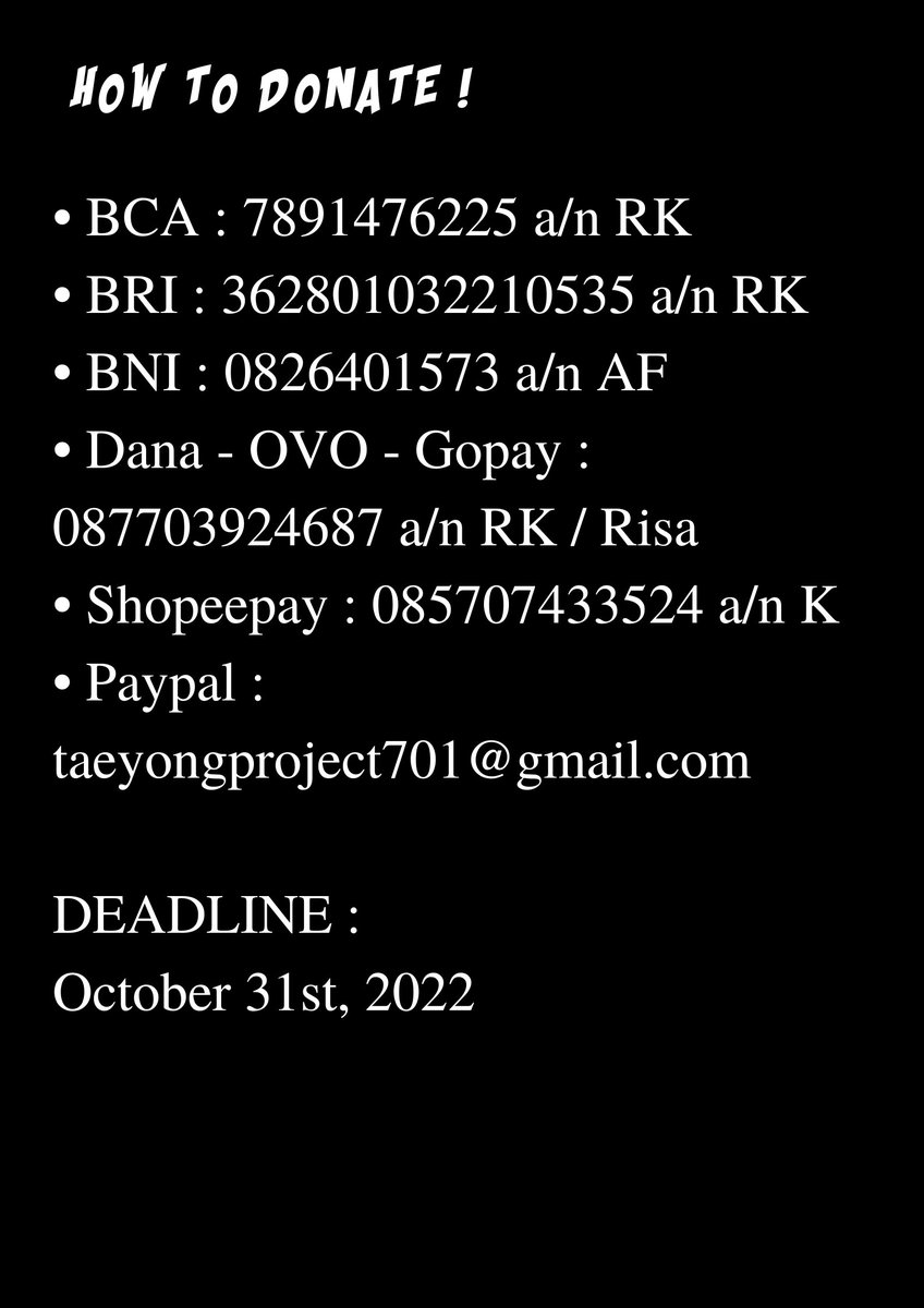 TaeyongProject's tweet photo. [Taeyong Project Indonesia] 
present,

Hi TYONGF INA ! Taeyong will visit us at 'THE LINK JAKARTA' so we're calling you to join and donate in our support project 

OPEN DONATION
🗓️ Start from 19 Sept - 31 Oct

🔗 https://t.co/UNe1b7Lx9t

Details Project, soon!✨

#TAEYONG #태용 https://t.co/3RleRJyctS