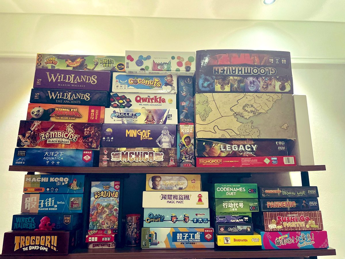 Current board game collection. Once Gloomhaven: Jaws of the Lion arrives, I’ll wait till 2023 to add any new games 😂 current list of favorites (not in order): Wildlands + expansions; King of Tokyo; Kung Fu Panda; still waiting to play Zombicide, Pandemic Rising Tide, Magic Maze
