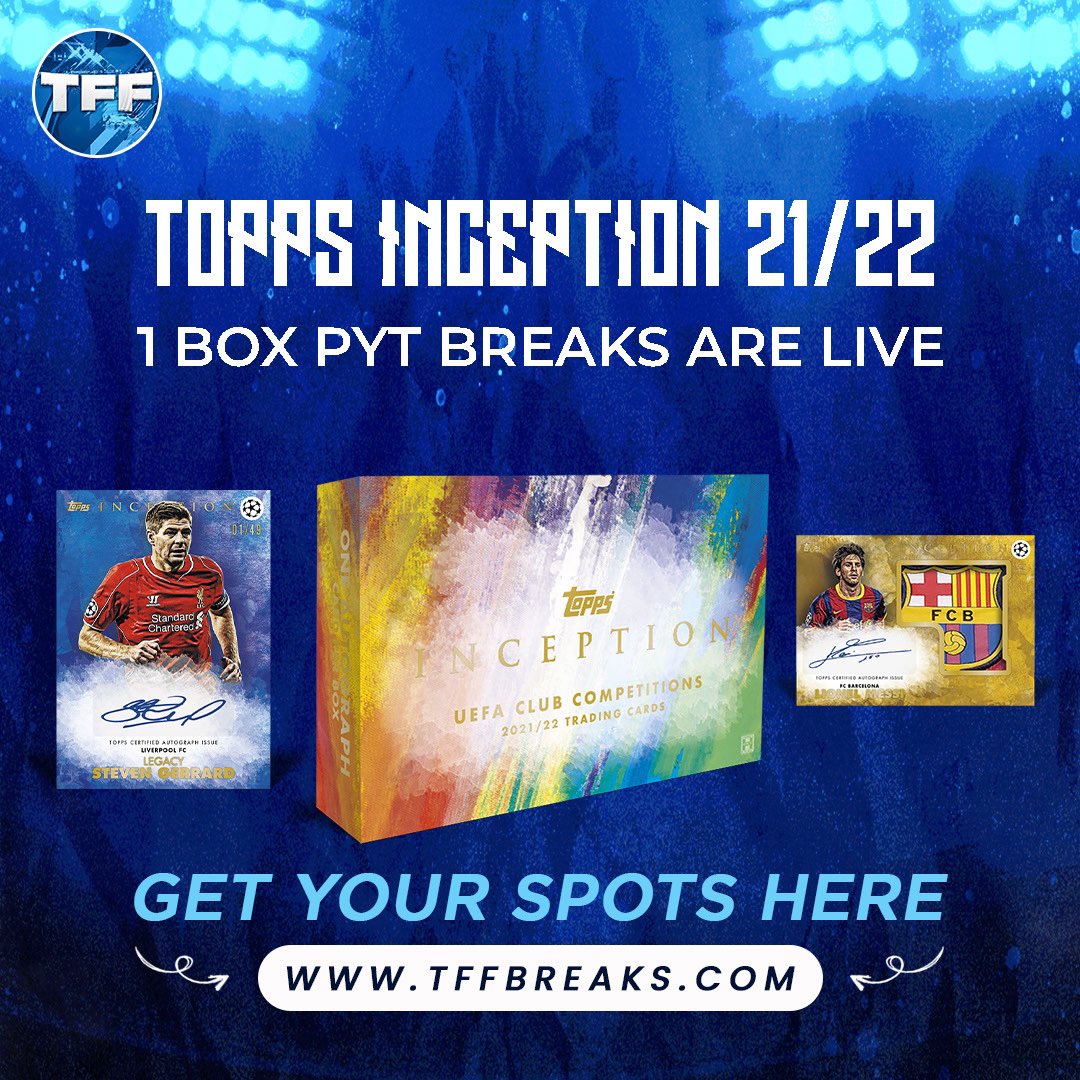 thefifafinisher's tweet image. Topps Inception Soccer 21/22 Breaks Are Live! 🚨

Limited spots, be quick! 🔥

- 10% Off In App Discount 📲

Get your spots here ⬇️
TFFBREAKS.COM

#topps #toppssoccer #toppsinception #inceptionsoccer #thehobby #footballcards #soccercards #sportstradingcards
