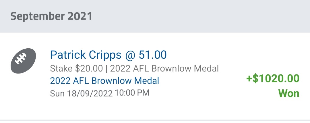 HandyPointPoddy's tweet photo. Congrats to @patrickcripps for winning the 2022 Brownlow Medal.

But the real winner tonight is Jimbo who backed him in to win on this day last year. https://t.co/T0IvRkOMcX