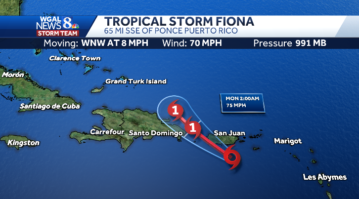 MaryEllenPannWx's tweet photo. 👇8 AM UPDATE Tropical Storm Fiona nearing hurricane strength.  Torrential rain &amp; mudslides expected across portions of Puerto Rico &amp; the Dominican Republic.  The center will approach near or over Puerto Rico today.  @NHC_Atlantic  #tropical #tropicalstormfiona #hurricaneseason https://t.co/mHL7nvFMzG