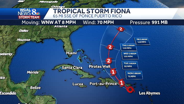 MaryEllenPannWx's tweet photo. 👇8 AM UPDATE Tropical Storm Fiona nearing hurricane strength.  Torrential rain &amp; mudslides expected across portions of Puerto Rico &amp; the Dominican Republic.  The center will approach near or over Puerto Rico today.  @NHC_Atlantic  #tropical #tropicalstormfiona #hurricaneseason https://t.co/mHL7nvFMzG