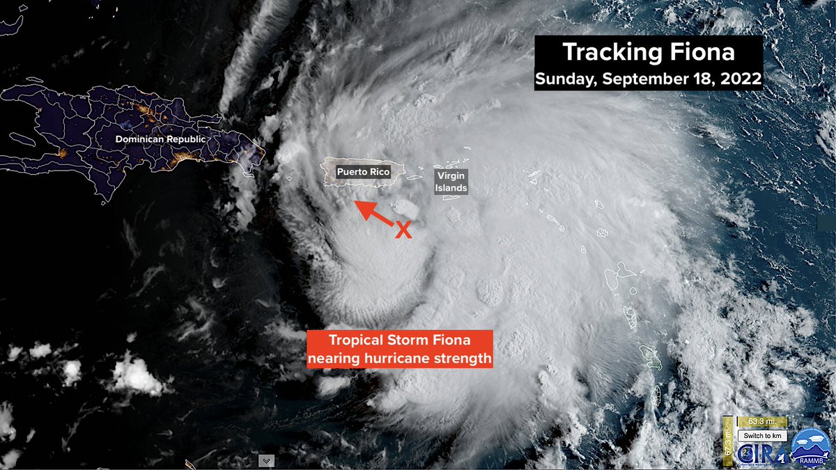 bnorcross's tweet photo. FIONA UPDATE: #Fiona makes its assault on Puerto Rico today. It's important that people don't focus on the landfall point of the center of the circulation. The largest effects will be all across the south side of the island. Find a safe place now. More at https://t.co/d4XaCNtrrD https://t.co/8hsjRgEw2P