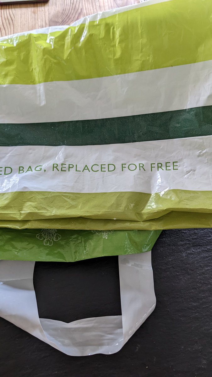 JustineNemJones's tweet photo. Waitrose wouldn't honour their pledge to replace their bag despite it being clearly printed on it when I tried to exchange my damaged one yesterday. https://t.co/sDtFo2E4iW