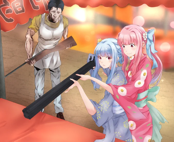 夏祭りに来た琴葉姉妹(と射的の屋台やってる風見さん) 