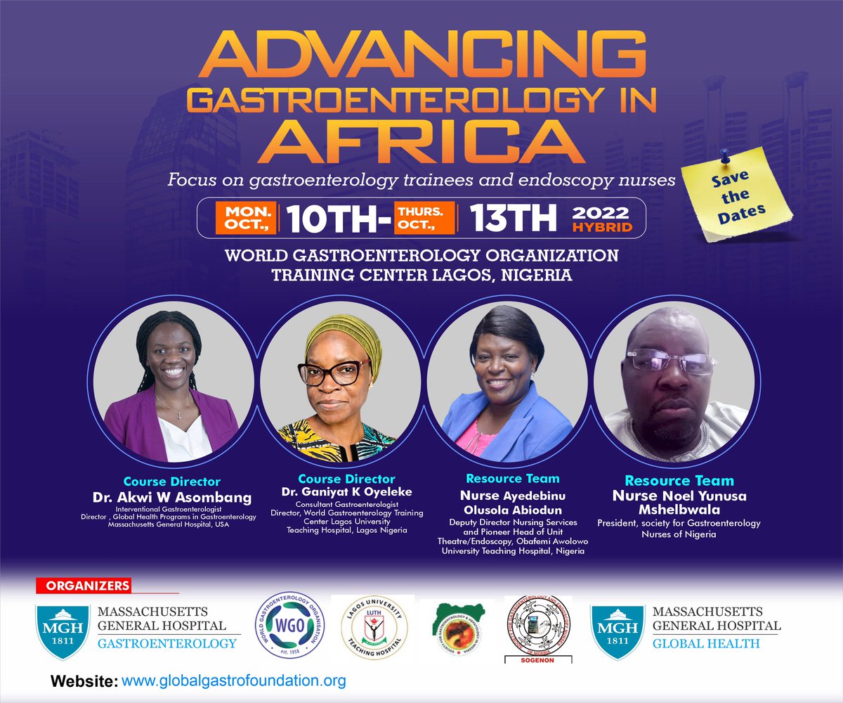 REGISTRATION IS OPEN! @MGH_GI @WorldGastroOrg Lagos-@LUTH-SOGHIN-SOGENON Workshop  🗓Oct 10th-13th 2022 Format: Hybrid ✈️ 🇳🇬 Speakers:🔥🔥🔥 Grant support: @MGHGlobalHealth Medical Education & Innovation Development Award globalgastrofoundation.org/registration #globalhealth #GITwitter🌍