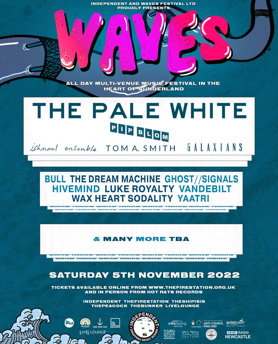 Waves (@wavessunderland) on Twitter photo 🌊 Last week we announced the first line-up for Waves festival 2022 including headliners <a href="/thepalewhite/">The Pale White</a>, <a href="/Pipblom/">Pip</a>, <a href="/IshmaelEnsemble/">Ishmael Ensemble</a>, <a href="/tomasmithmusic/">TOM A SMITH</a>, <a href="/GLXNS/">GALAXIANS</a> + just announced <a href="/DeclanWelsh/">Declan Welsh & The Decadent West</a> & loads more.
🎫 Tickets on sale now (£22 + BF): sunderlandculture.org.uk/events/waves-f… 🌊 Last week we announced the first line-up for Waves festival 2022 including headliners <a href="/thepalewhite/">The Pale White</a>, <a href="/Pipblom/">Pip</a>, <a href="/IshmaelEnsemble/">Ishmael Ensemble</a>, <a href="/tomasmithmusic/">TOM A SMITH</a>, <a href="/GLXNS/">GALAXIANS</a> + just announced <a href="/DeclanWelsh/">Declan Welsh & The Decadent West</a> & loads more.
🎫 Tickets on sale now (£22 + BF): sunderlandculture.org.uk/events/waves-f…