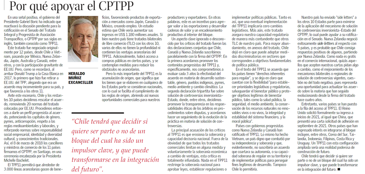 Les comparto esta columna sobre el denominado TPP11, un acuerdo de integración Asia-Pacífico que concretamos sin EEUU, y q ahora genera gran interés en diversos países q desean acceder al acuerdo. Aquí mis argumentos para q Chile lo ratifique.