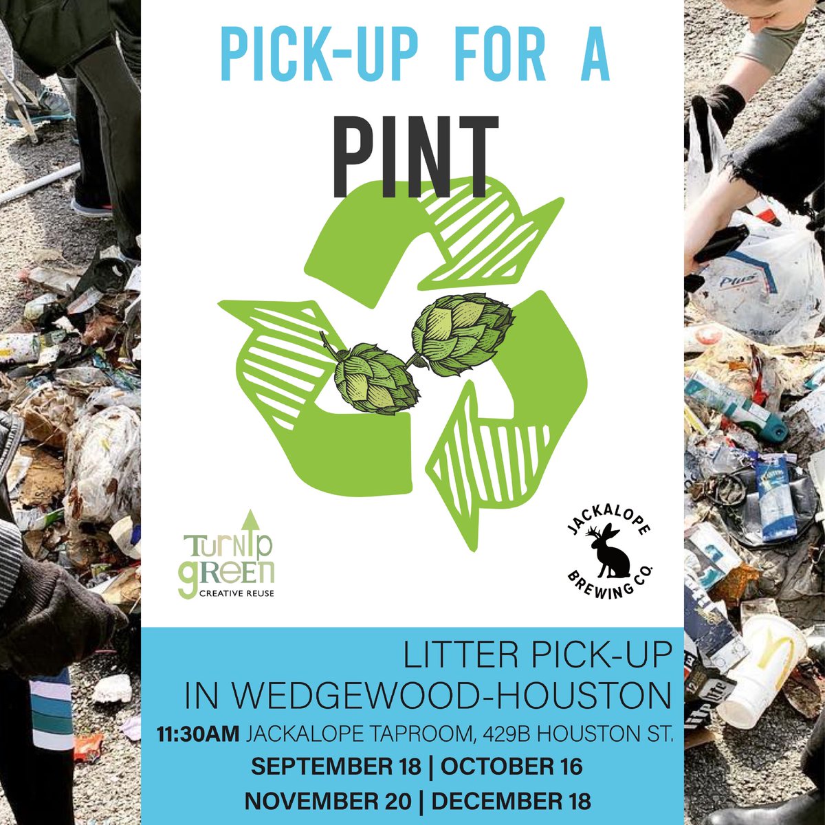 BarJackalope's tweet photo. ♻️ TODAY ♻️ Join us at The Ranch from 11:30am-12:30pm for Pick-up For A Pint - a litter pick-up around the Wedgewood-Houston neighborhood with @JackalopeBrew &amp; @TurnipGrnReuse! Volunteers get a free pint (#volunbeering)

Sunday 9/18 // 429B Houston St. // 11:30am

#PickUpForAPint https://t.co/ZnFsgKnSkc