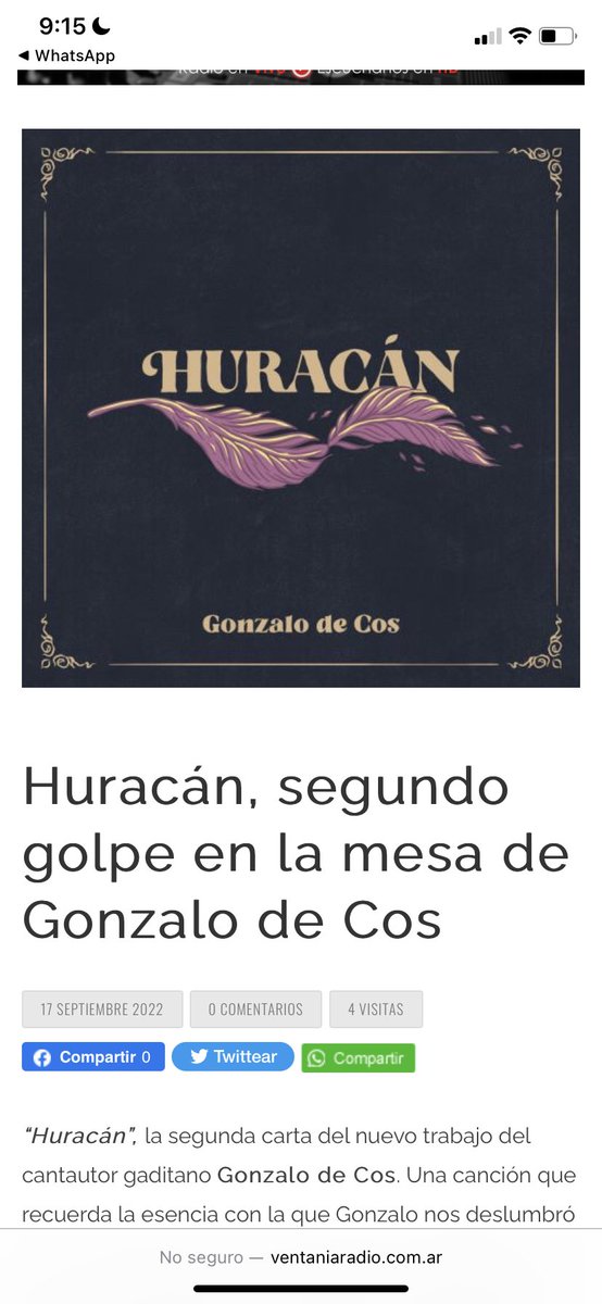 Hoy <a href="/VentaniaRadiook/">Ventania Radio</a> reseña la salida de “HURACÁN” en 🇦🇷.

<a href="/florynata/">Flor y Nata Records</a> 
<a href="/grancanonmgmt/">GRAN CAÑÓN Management</a> 

#Reseña #Concierto #Concert #GonzalodeCos #Huracán