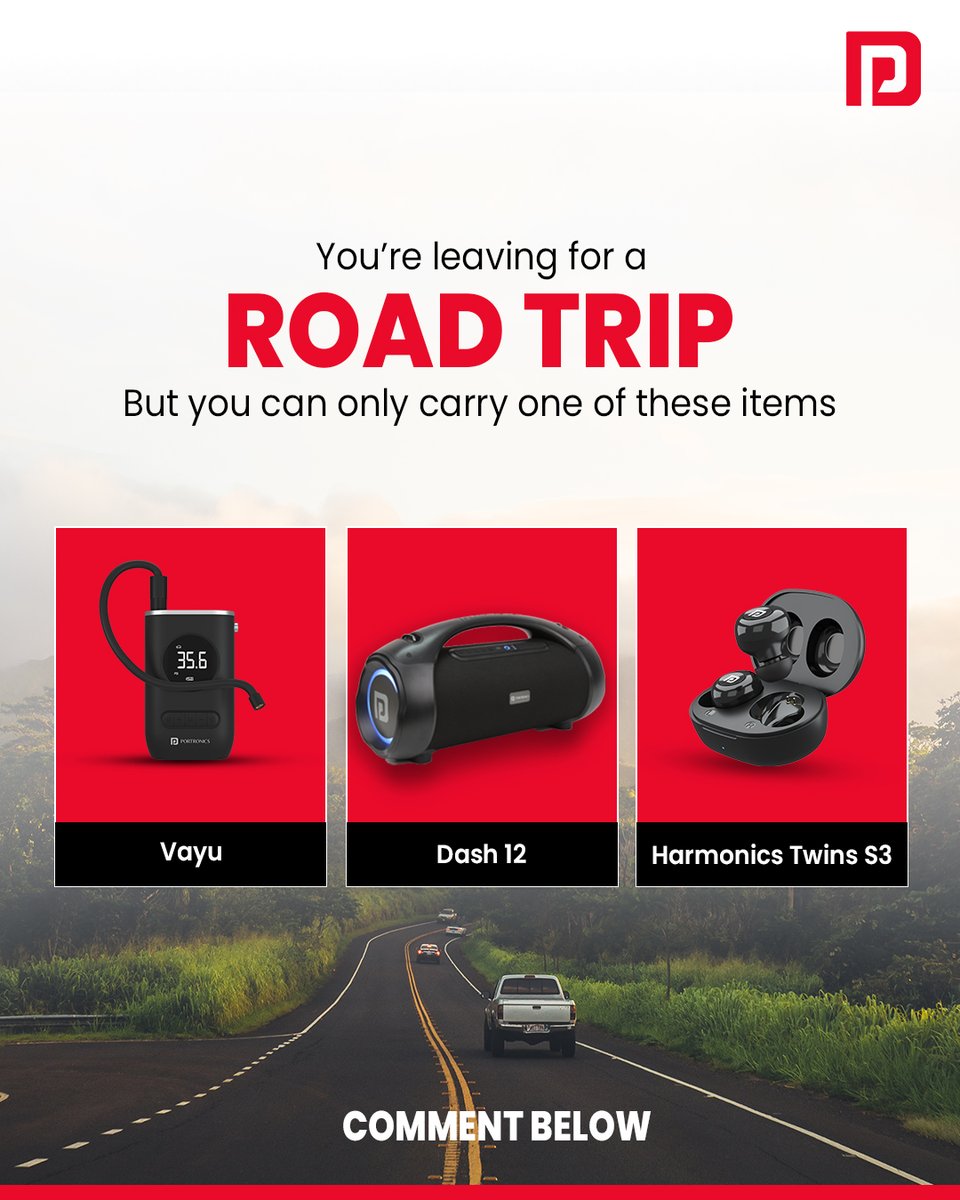 Portronics's tweet photo. That’s a tough choice to make but if you had to, which portable product would you take around?

Comment below.

#Portronics #portronicsindia #vayu #9minutes #intelligentmodes #tyreinflator #portabletyreinflator #Dash12 #HarmonicsTwinsS3 #partyspeaker #tws https://t.co/hSff08Bqrp