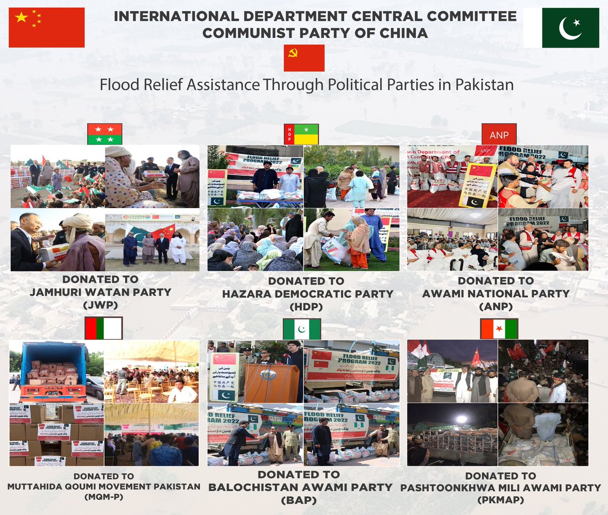 FOCFofficial's tweet photo. IDCPC donated food packs to the flood affected families through political parties in Pakistan,leaders of these parties thanked the CPC  for helping the people of Pakistan at this time of need.China &amp; Pakistan shall always be together in all thick and thin #ironbrothers 🇵🇰❤️🇨🇳 https://t.co/tfZWTj3F2l