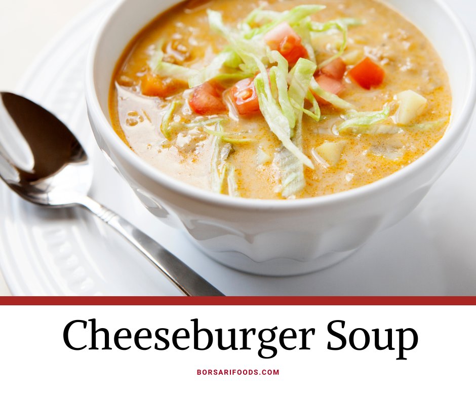 Ground ½ lb ground beef with Borsari Original until cooked. Saute 4 tbsp butter, ¾ c chop onion, ¾ c shredded carrots, ¾ c diced celery and ¼ c flour. Add 4 c cubed potatoes and 3 c chicken broth and cook till tender. Stir in 3 c shredded cheddar and 1-½ c milk. h#cheeseburgerday