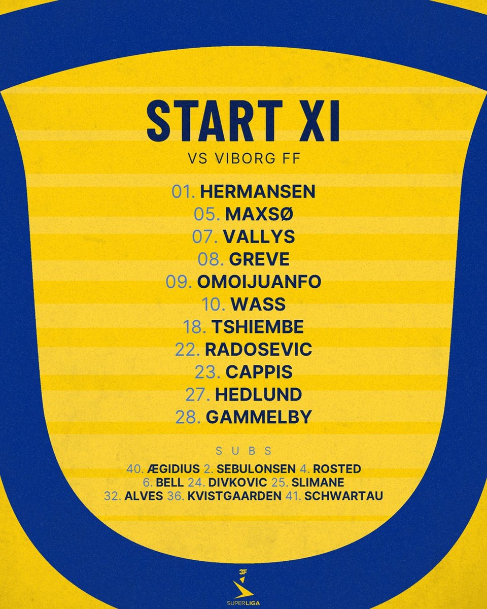 BrondbyIF's tweet photo. Vores start-𝐗𝐈 til eftermiddagens opgør mod Viborg FF er netop landet 🟡🔵

Mads Hermansen er tilbage mellem stængerne, mens der er genvalg til de øvrige spillere fra seneste opgør 👊🏼
#VFFBIF https://t.co/MMbkrSMKgC