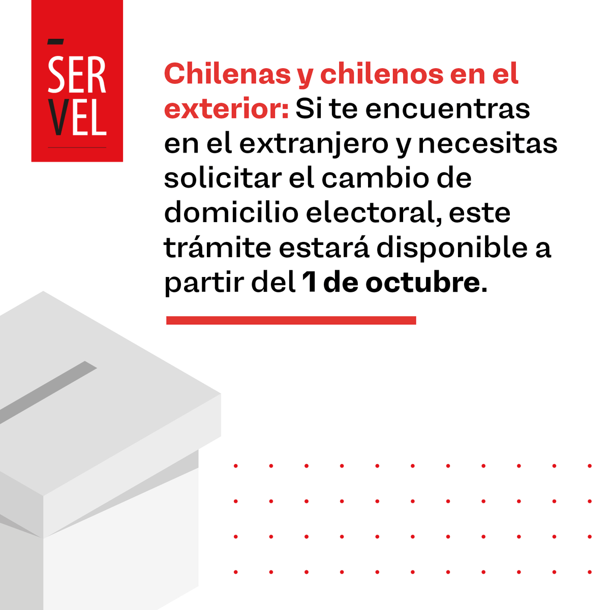 ServelChile's tweet photo. Chilenas y chilenos en el exterior, si se encuentran residiendo fuera de Chile, a partir del 1 de octubre podrán solicitar el cambio de domicilio electoral en https://t.co/IoLOJV4pOm con Clave Única.

📌 Más info en https://t.co/pM7Xiqrq03 https://t.co/ckzI8BCPxP