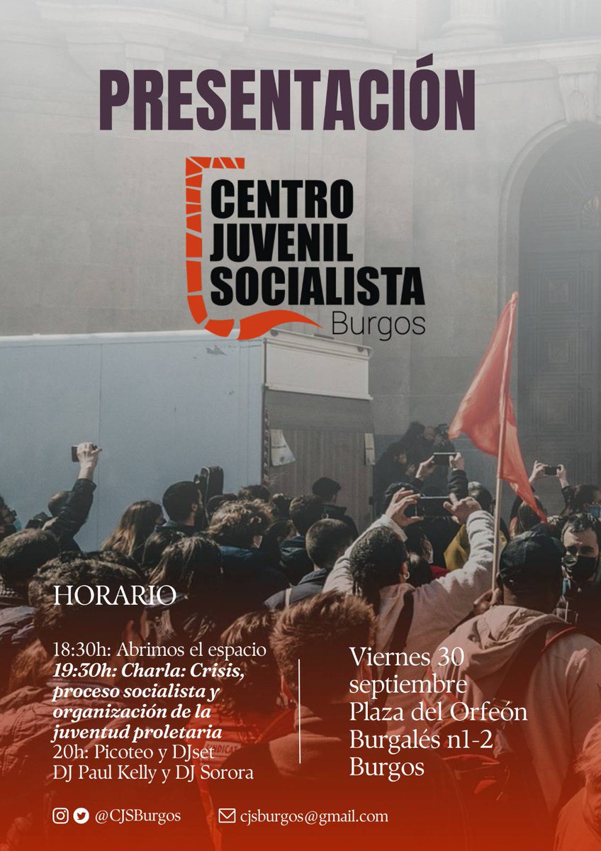 CJS_Burgos's tweet photo. El Centro Juvenil Socialista busca crear un espacio para la organización política y el ocio de la juventud proletaria de Burgos. Una juventud que, con la crisis, la inflación o la criminalización ve cada vez más difícil tener espacios para ello. https://t.co/yzkLM2gMpW