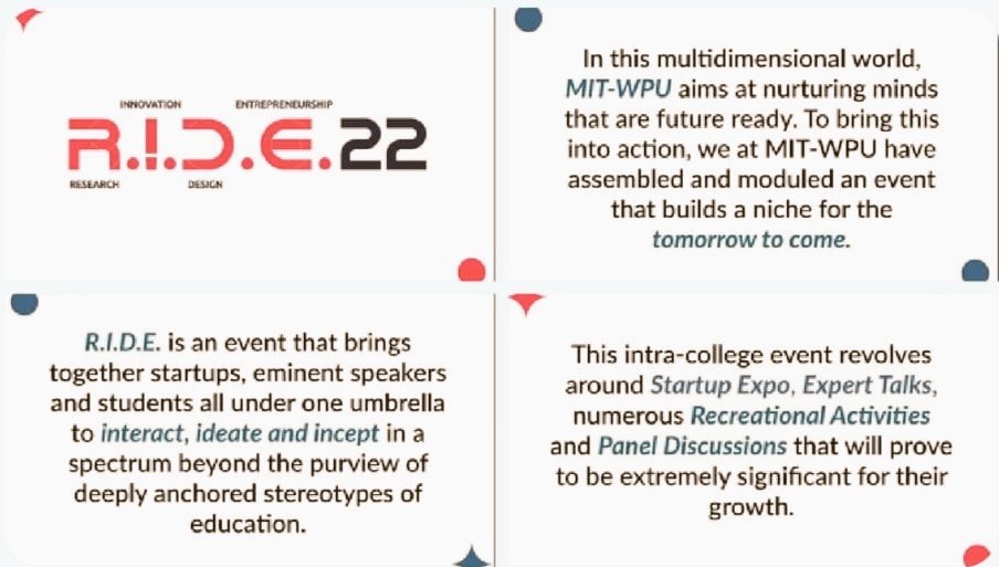 NeelBafna17's tweet photo. Happy to share that @MITWPUOfficial  is hosting its innovation conclave RIDE 22 R(research) I(innovation) D(design) E(entrepreneurship). In a world brimming with opportunities, we want our students to become job providers instead of being job seekers. #RIDEthewave @ride_mitwpu https://t.co/8XOhRj2Zl5