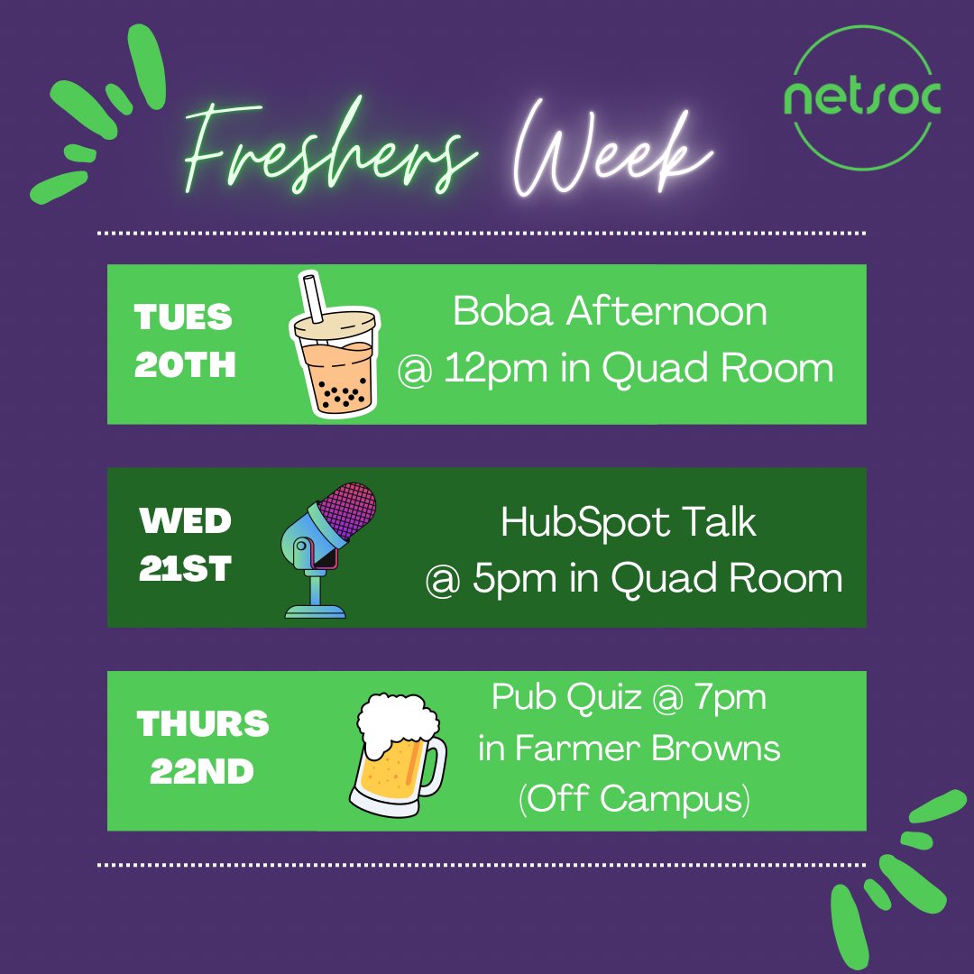 UCDNetsoc's tweet image. ✨FRESHERS EVENTS THIS WEEK✨

🚨PSA: We will be at our stand in the Freshers tent all week 😮‍💨🤞(€2 to sign up).🚨

Everyone is welcome to come over to us and join the society (we&apos;re also
giving out some goodies, and who doesn&apos;t like free
stuff eh? 😉)