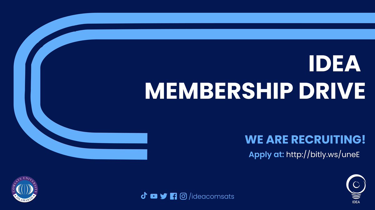 ideacomsats's tweet photo. IDEA membership drive is live. So what's the delay? Be the part of the most thrilling society of Comsats. Link in bio.
#IDEA #IDEACOMSATS #WeAreIDEA #WeAreCOMSATS #COMSATS #COMSATSISLAMABAD #CUI https://t.co/zYaWudKjB4