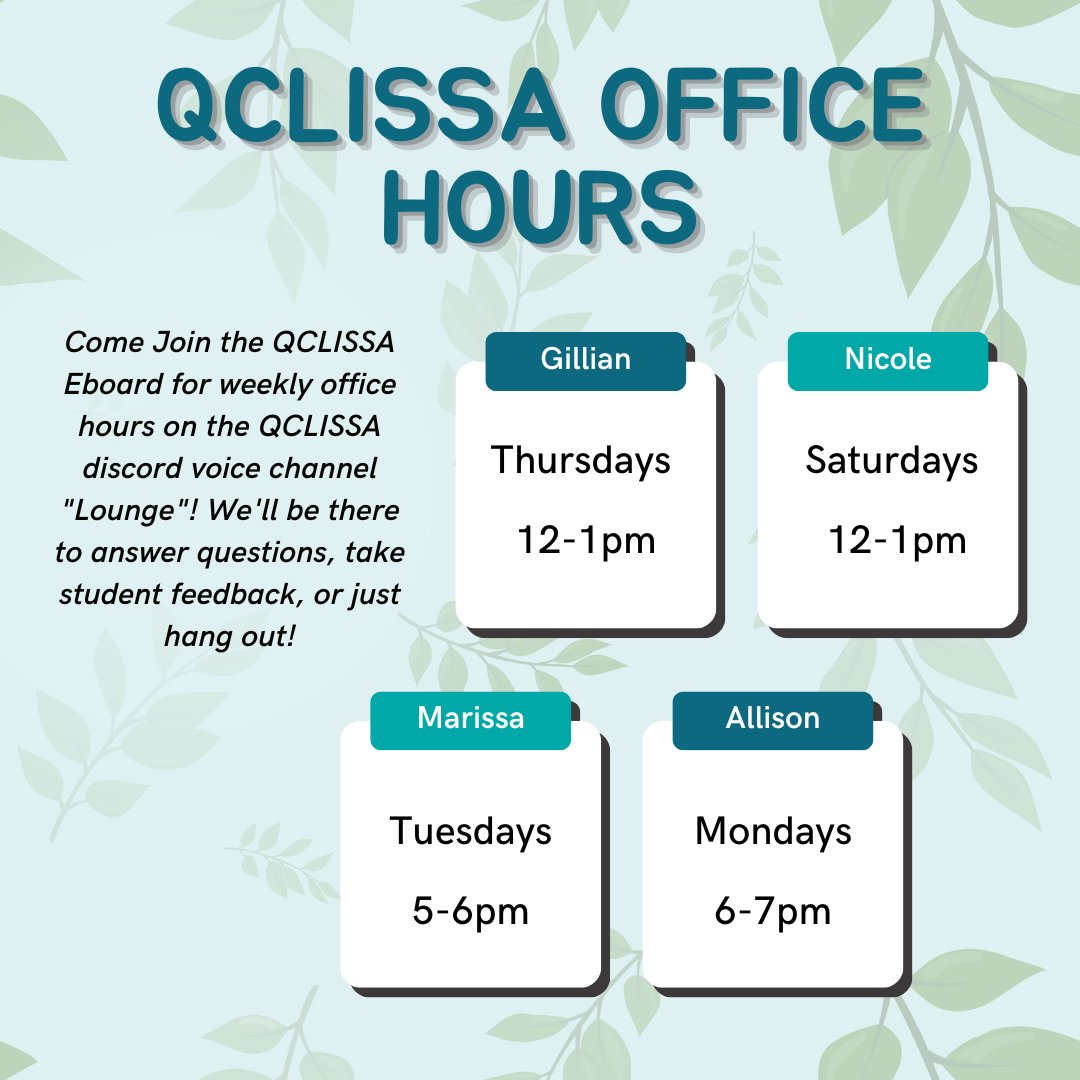 QCLISSA's tweet photo. QCLISSA eboard members will start holding weekly office hours on the QCLISSA discord this Tuesday (9/20). Email us at qclissa (at) https://t.co/DFH3hoqFsS for the discord invite or look out from a GLISANN listserv email coming soon! https://t.co/5c1RP2MYwE