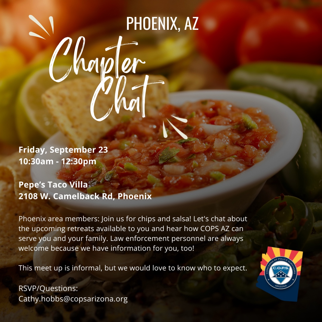 COPSArizona's tweet photo. Join us for our next Chapter Chat this Friday, September 23! #azfallen #copsaz #copsarizona #backtheblue #rememberthefallen #thinblueline #lawenforcement #police #concernsofpolicesurvivors #nonprofit #fallenofficer https://t.co/gfdK4vFRJB
