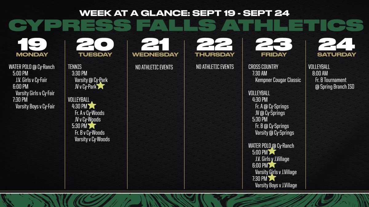 This week in Eagle Athletics.
We have 🏐🎾🤽 Home games that we would love to see you at!
No 🏈 this week.