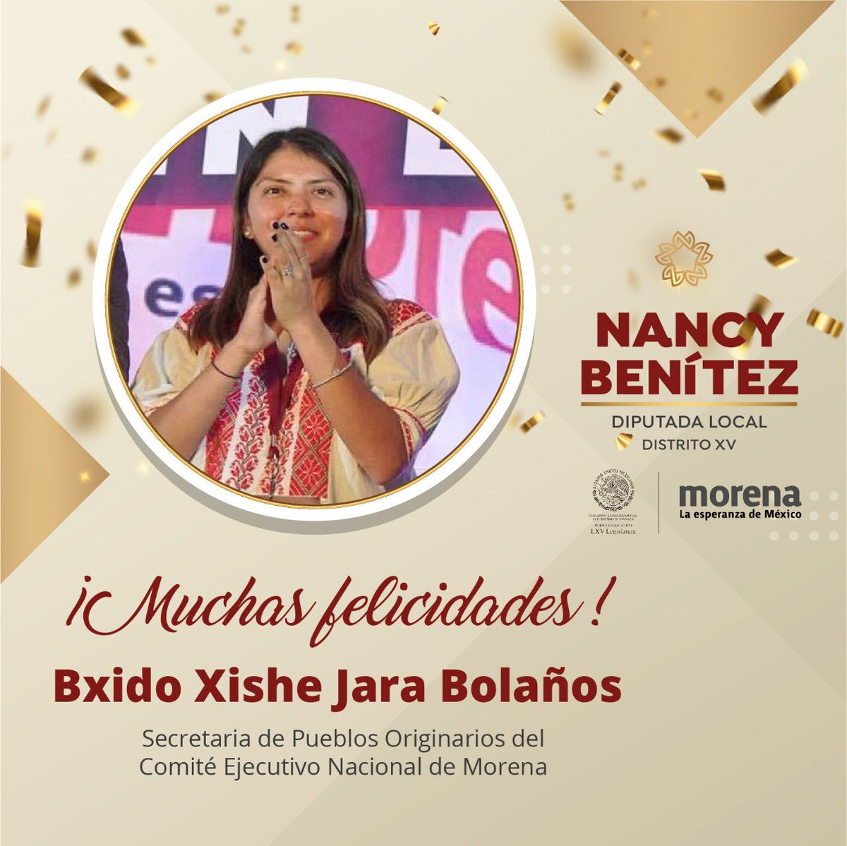 👏🏻 Muchas felicidades <a href="/JaraBxido/">BxidoJara</a> por tu designación como nueva Secretaria de Pueblos Originarios del Comité Ejecutivo Nacional del <a href="/PartidoMorenaMx/">Morena</a>. 

Lo mejor de los éxitos en esta nueva encomienda.