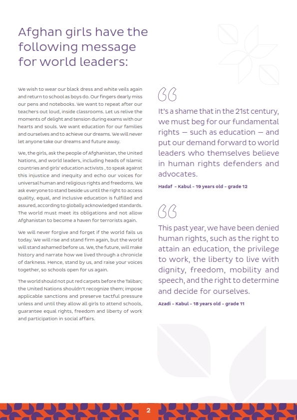 A Year of Darkness
A message from 50 Afghan girls to heads of Muslim countries and world leaders 
#LetAfghanGirlsLearn 🇦🇫

<a href="/UN/">United Nations</a> <a href="/antonioguterres/">António Guterres</a> <a href="/TransformingEdu/">Transforming Education Summit</a> <a href="/heatherbarr1/">Heather Barr</a> <a href="/hrw/">Human Rights Watch</a> <a href="/SDGaction/">UN SDG Action Campaign</a> <a href="/Education2030UN/">Education 2030</a> <a href="/UN_HRC/">UN Human Rights Council</a> <a href="/GEMReport/">Global Education Monitoring Report UNESCO</a> @SDGintegration <a href="/amnestysasia/">Amnesty International South Asia, Regional Office</a> <a href="/fidh_en/">FIDH</a> <a href="/UN_SDG/">UN Sustainable Development Group 🇺🇳</a>