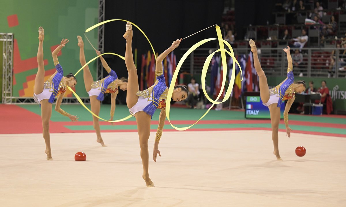 gymnastics's tweet photo. Italy's 🇮🇹 "Ode to Olympism" is a hit in apparatus finals at #RHYWorlds2022! Will it win the Farfalle their second 🥇 of the day at #Rhythmic #Gymnastics #Worlds? We'll know soon. #FasterHigherStronger https://t.co/WLLIuwjQkZ
