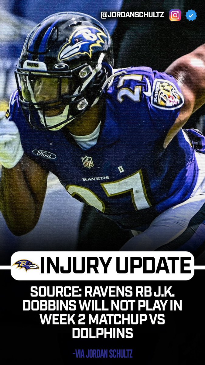Source: #Ravens RB J.K. Dobbins will not play Week 2 vs the #Dolphins. 

Dobbins has worked diligently to return after suffering a brutal ACL tear during the 2021 preseason — with damage to his LCL, hamstring and meniscus. He wants to play, but the team is being extra cautious.