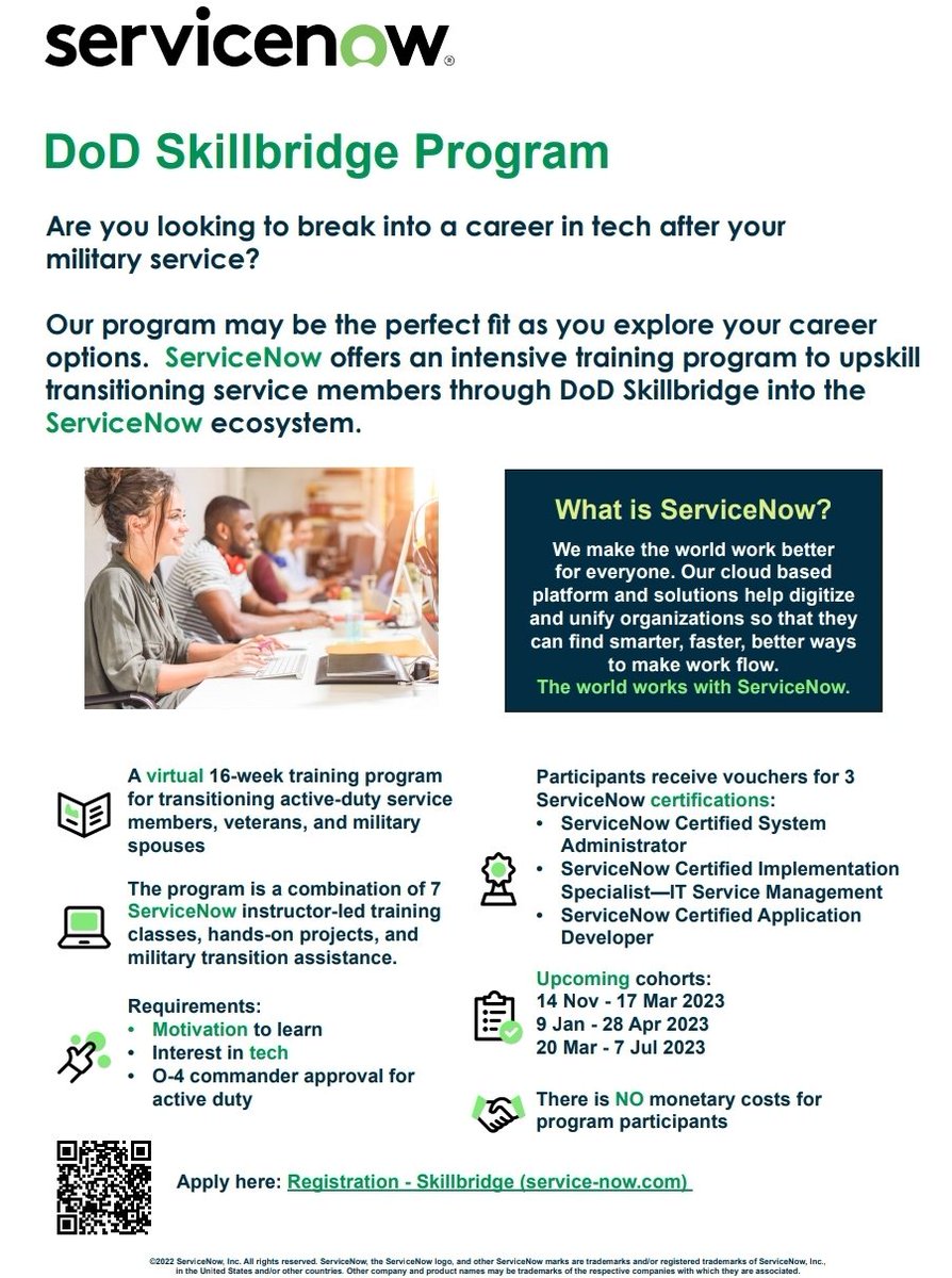 teneikaask_you's tweet photo. Email nextgen@servicenow.com, let them know Teneika referred you 🙂
🎓Earn 3 Industry Certs
📆16 weeks
💻Land a REMOTE Role
🚫No Exp Req'd
📚Instructors &amp; Coaches
📝Projects https://t.co/Tbswi7ziFp