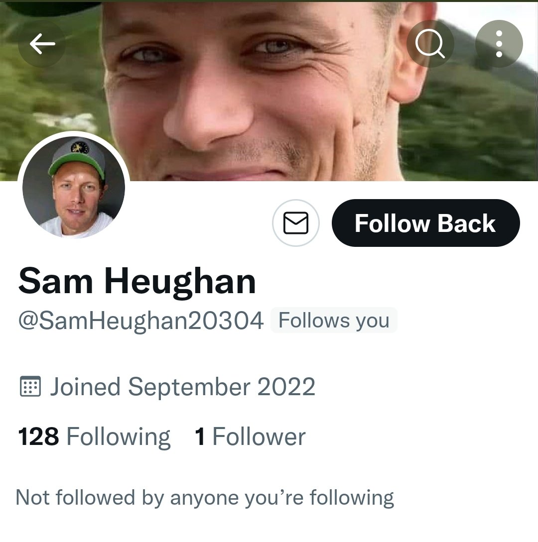 JudyMaxB's tweet photo. 1 Follower got sucked in? Whoever you are, unfollow & block, it's not Sam. No blue check mark, just joined, so many obvious clues here. @SamHeughan20304 you have been reported & blocked. Please go away. #scamnotsam https://t.co/nXXuegmS0s