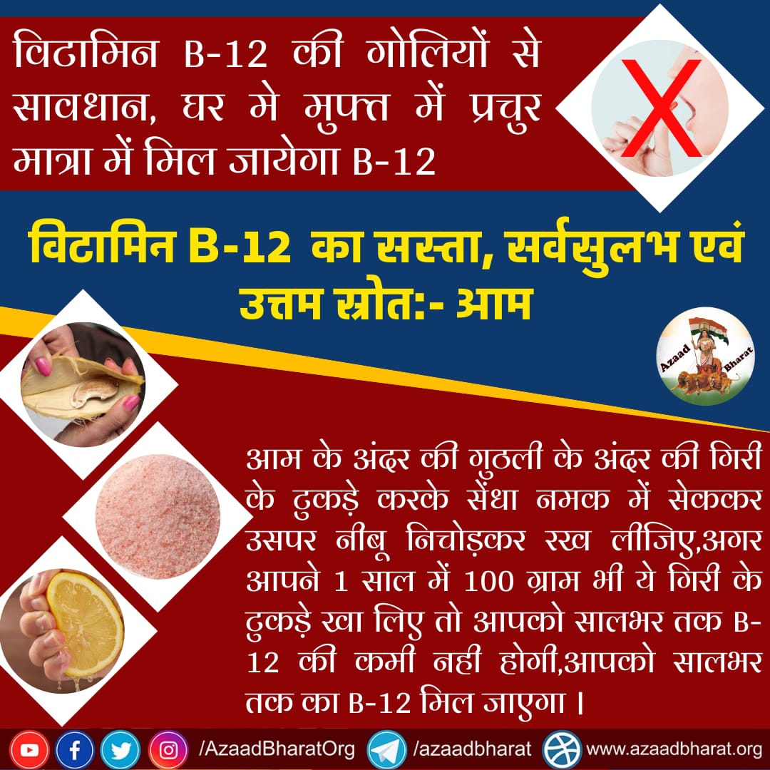 AzaadBharatOrg's tweet photo. विटामिन B-12 का सस्ता, सर्वसुलभ एवं उत्तम स्रोत :-आम
आम खाकर उसकी गुठलियां फैके नही, गुठली के अंदर की गिरी के टुकड़े टुकड़े करके उनको तवे पर सेककर, उन टुकड़ो पर नीबू निचोड़कर रख दे और आप पूरे वर्ष में 100 ग्राम खा ले तो आपको विटामिन B-12 की कमी नही होगी।
https://t.co/blCqDz1qQz https://t.co/T7gGdp5FN0
