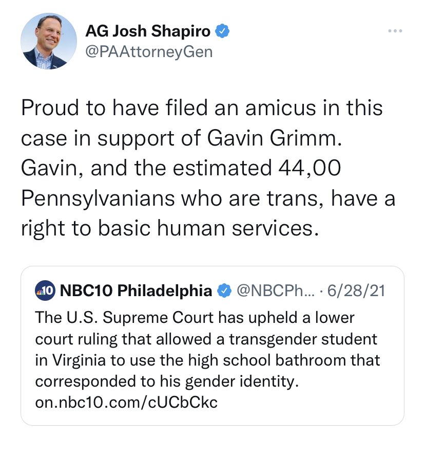 Remember when <a href="/JoshShapiroPA/">Josh Shapiro</a> filed an amicus in Virginia, supporting the policy that allowed males to use girls bathrooms and lead to the rapes of multiple high school girls? How many of our girls will be hurt if Josh Shaprio becomes Gov? We can’t let that happen! <a href="/dougmastriano/">Doug Mastriano</a>